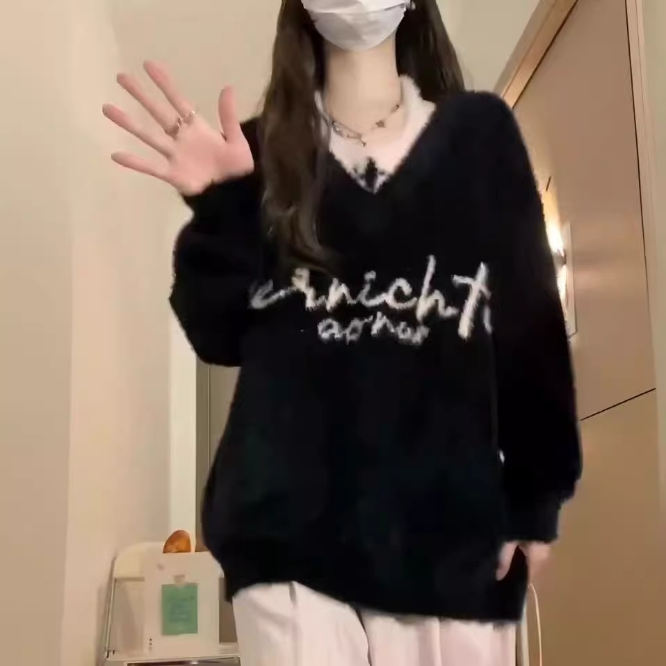 仿貂質量糯慵懶學院風長袖v領毛衣針織衫外套女潮