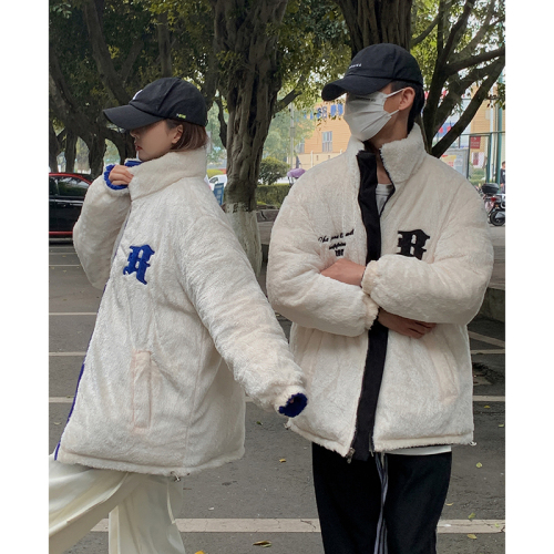 Real shot of corduroy stand-up collar couple wear  winter Korean version down jacket lamb wool cotton coat Hong Kong style double-sided cotton coat