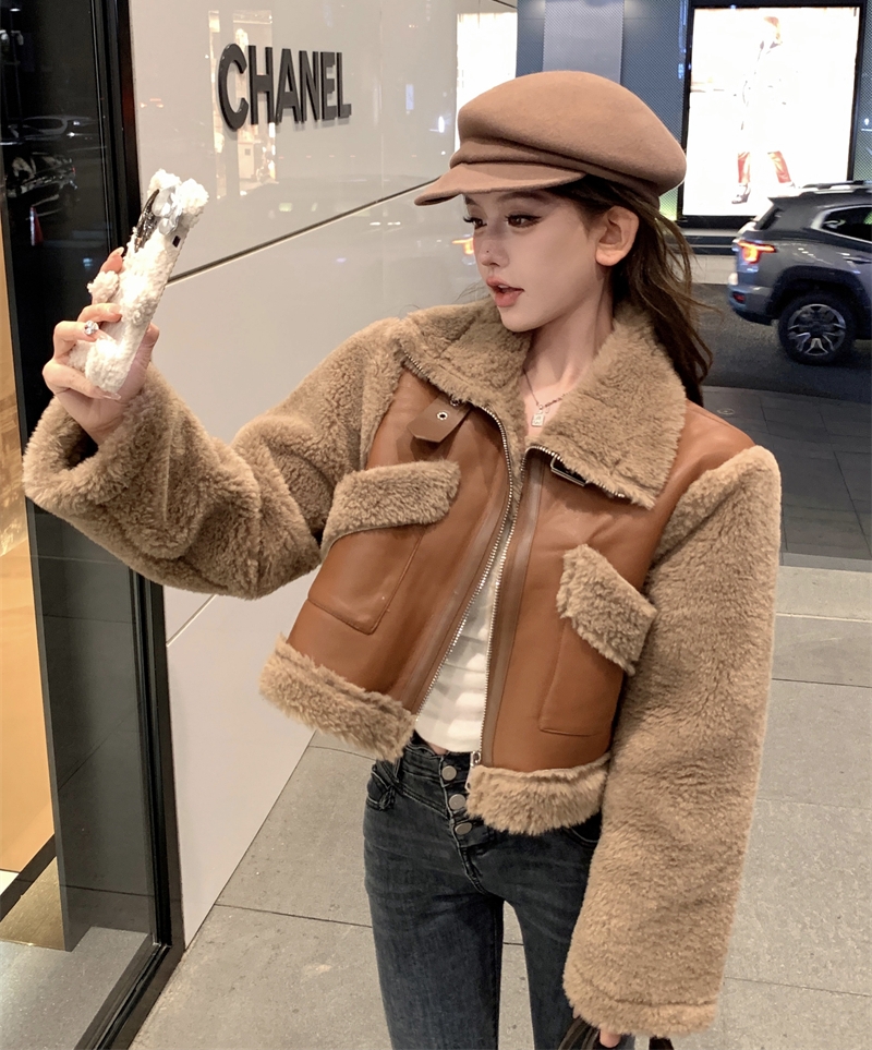 實拍 冬季美拉德高領羊羔毛外套短款機車皮毛一體加厚棉衣服