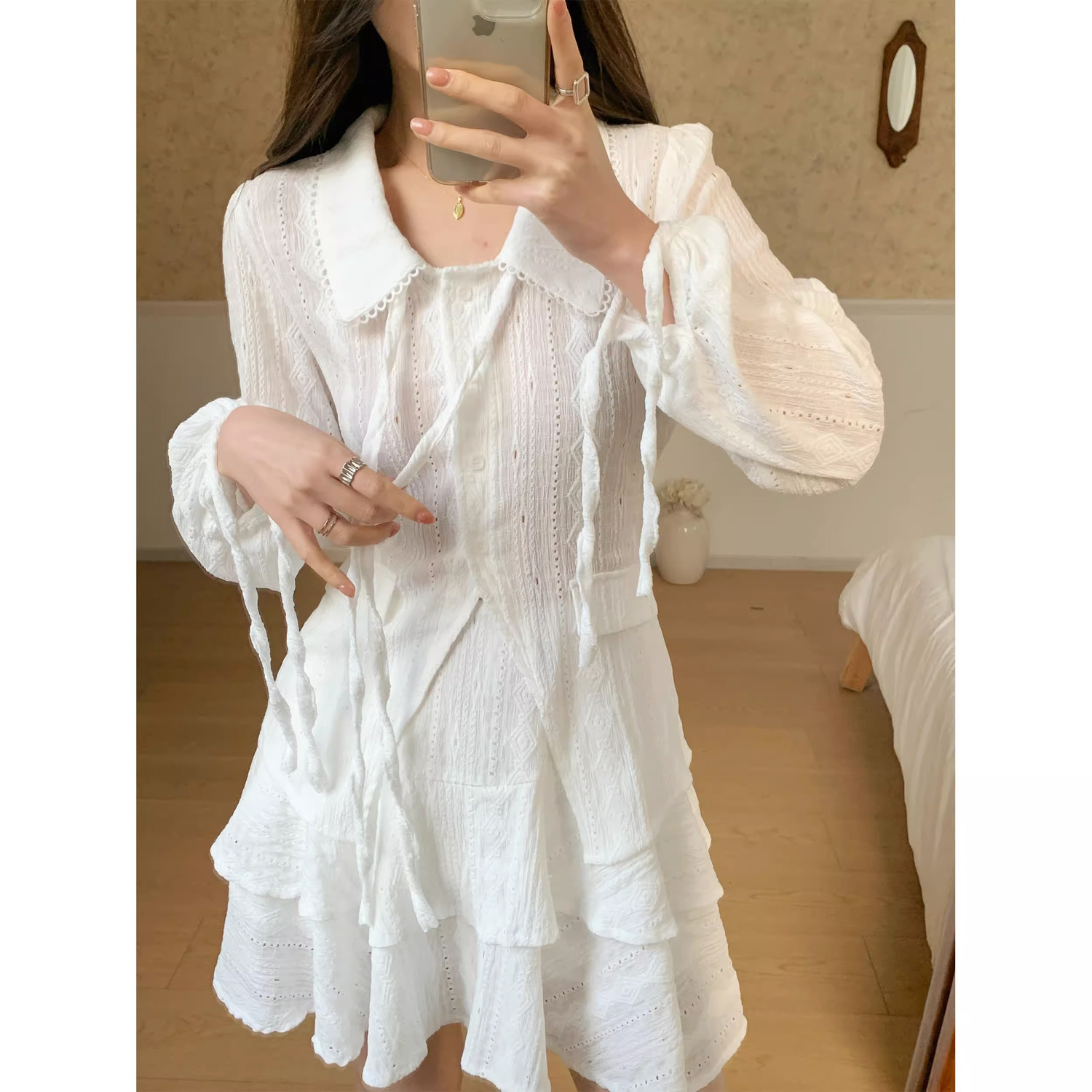 高級感套裝女夏季設計感修身系帶收腰上衣+A字蛋糕裙兩件套小香風
