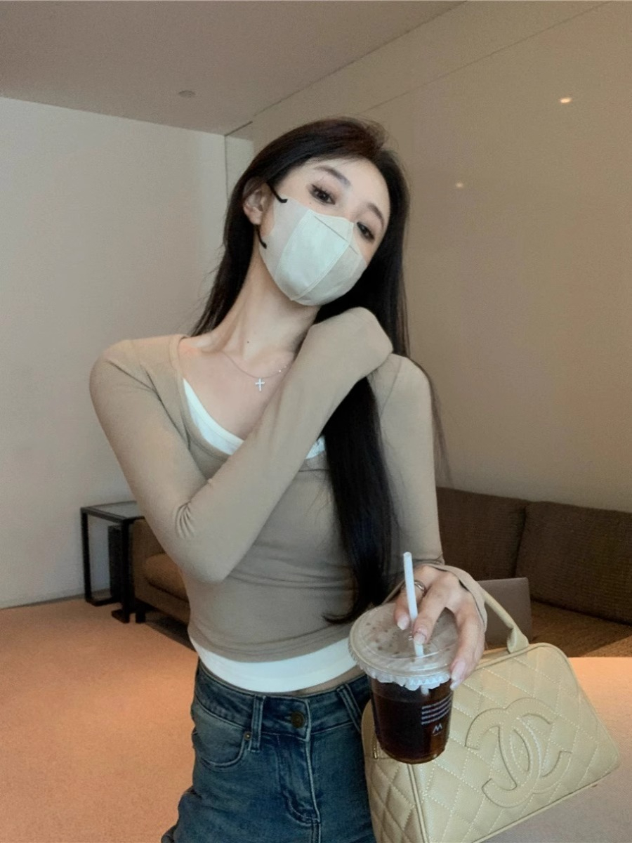 假兩件長袖t恤女秋季小眾修身內搭不規則打底衫甜辣上衣