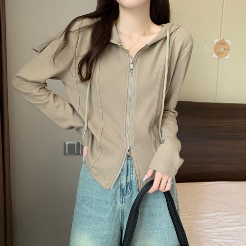 Actual shot of short coat for women, spring and autumn solid color hooded cardigan, slim fit, zippered long-sleeved top