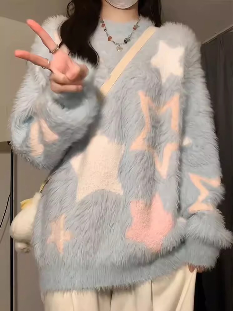 星星軟糯慵懶風藍色毛衣女秋冬水貂毛套頭圓領加厚上衣寬鬆顯瘦