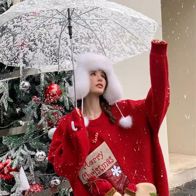 慵懶寬鬆毛衣女2023年秋冬聖誕紅可愛卡通小眾設計感打底針織上衣