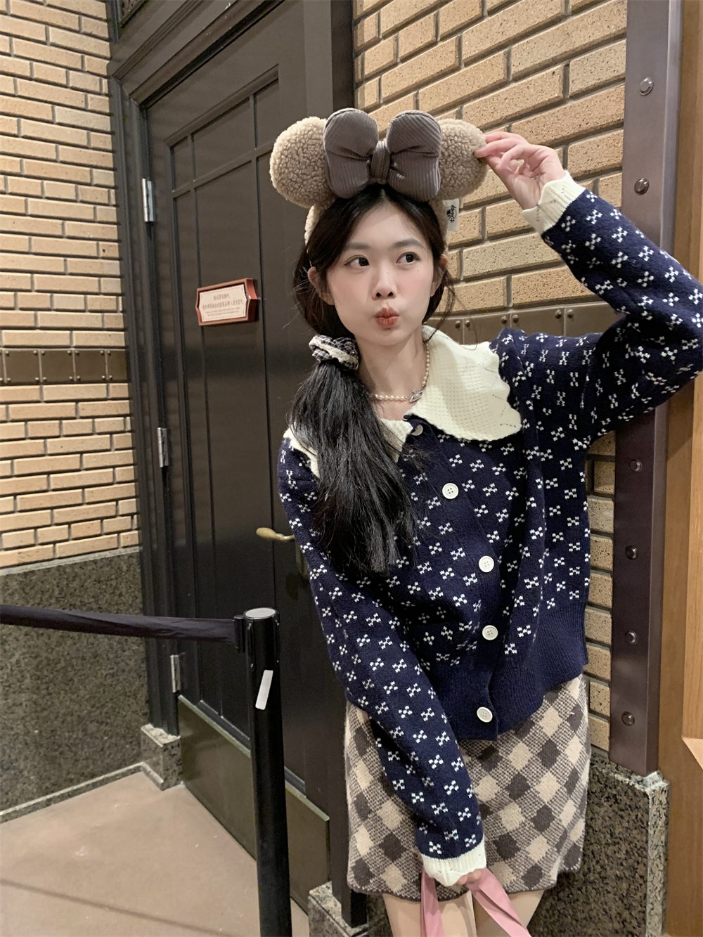 實拍甜美減齡撞色娃娃領毛衣氣質花邊翻領針織開衫女