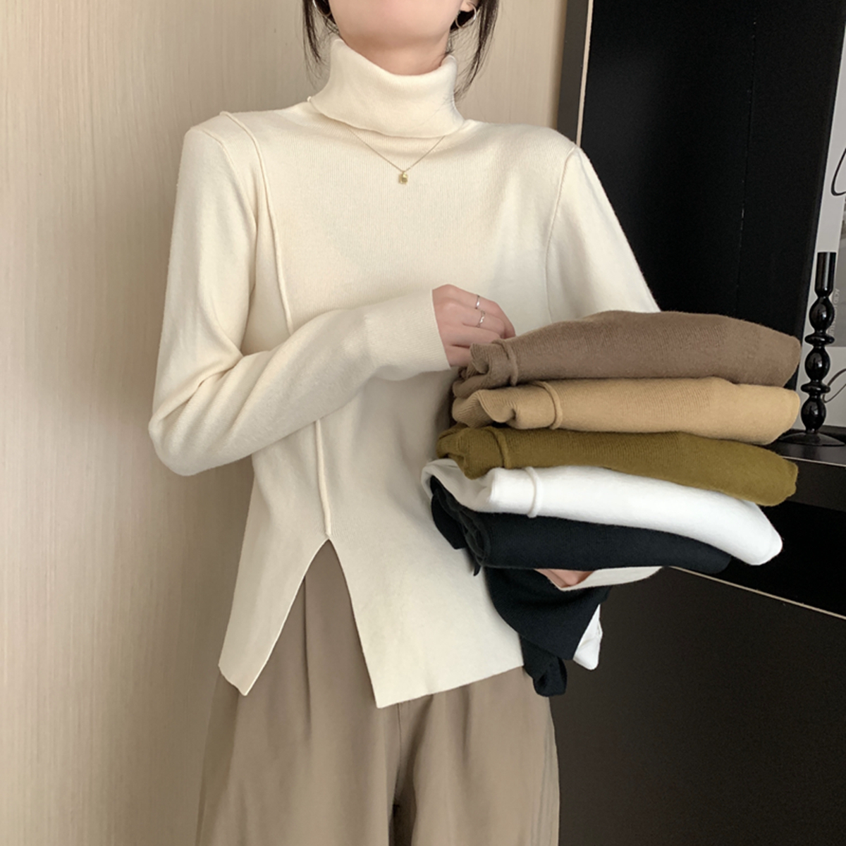 高領毛衣女冬加厚內搭高級感針織打底衫設計感小眾開叉上衣