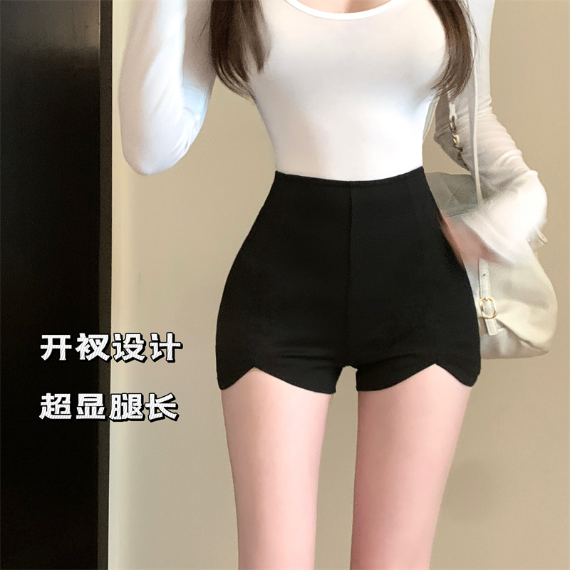 實拍 黑色高腰辣妹彈力短褲緊身顯瘦熱褲不規則外穿包臀褲子
