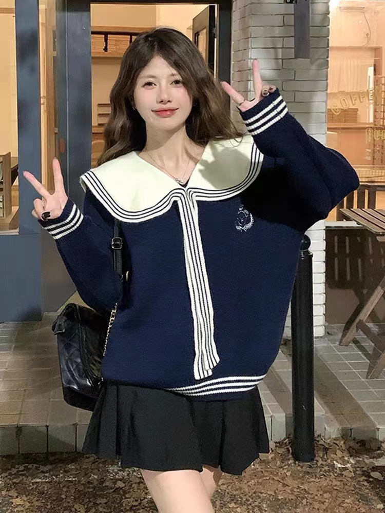 海軍領毛衣女小個子甜美內搭針織外套百搭學院風刺繡長袖上衣顯瘦