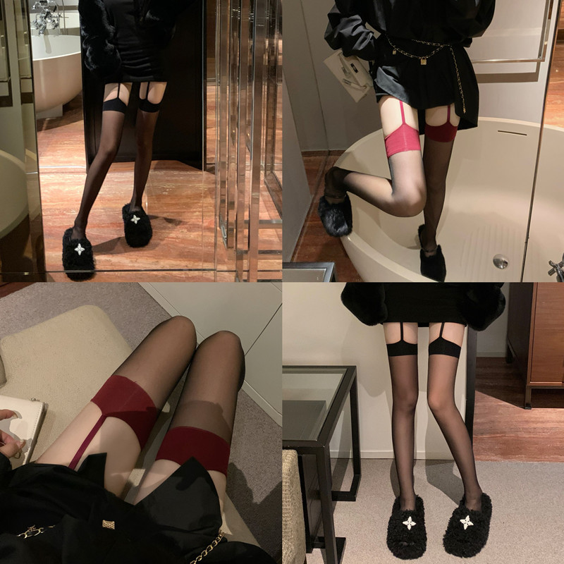 實拍性感吊帶一體襪純欲紅色絲襪女撞色紅邊黑絲長筒超薄
