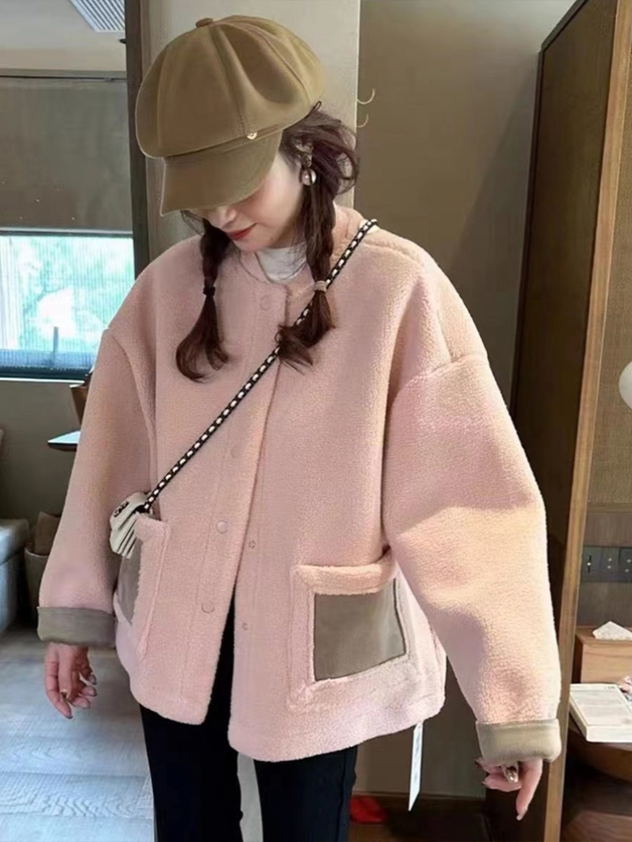 Korean small autumn and winter 2023 new loose Korean style casual round neck jacket for women suede fur one-piece trendy