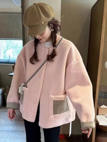 Korean small autumn and winter  new loose Korean style casual round neck jacket for women suede fur one-piece trendy