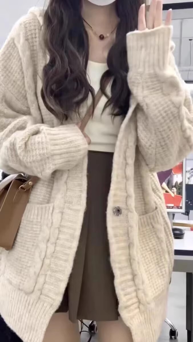 Thick version!  Lazy style hooded twist sweater cardigan for women autumn and winter new Korean style loose mid-length sweater