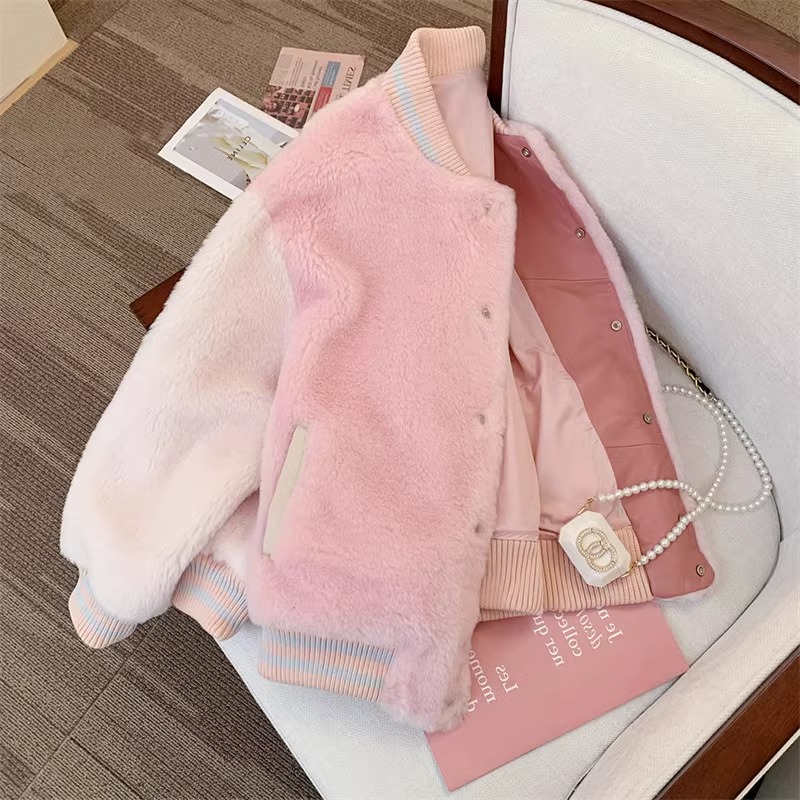 Japanese sweet college style oversize lamb plush contrast coat women's winter high-end Korean style cotton coat bf