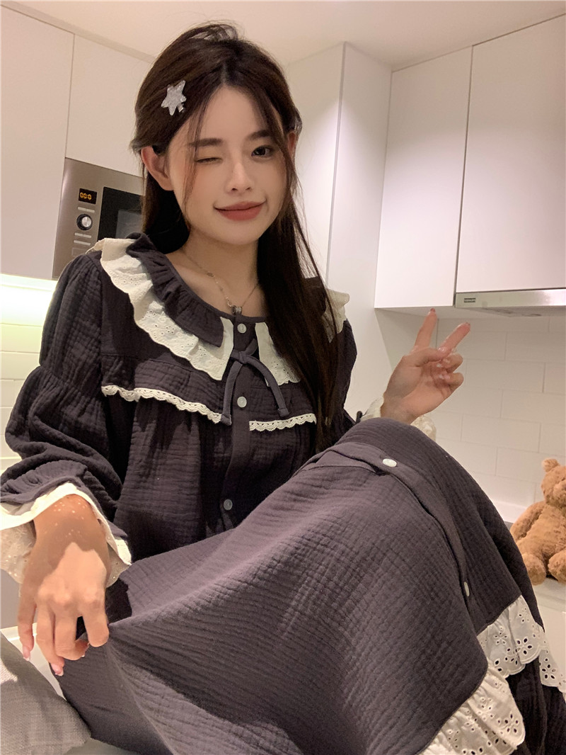 實拍韓版全棉軟紗娃娃領蕾絲公主風秋冬家居服套裝睡衣連衣裙