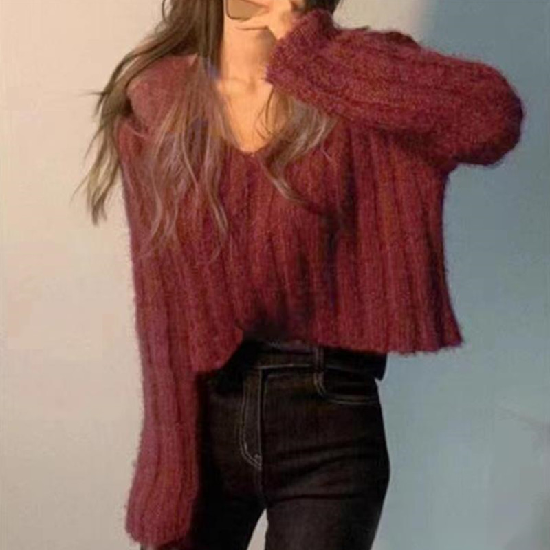 短款水貂絨毛衣春秋內搭高級感v領打底衫掐腰小個子別致上衣