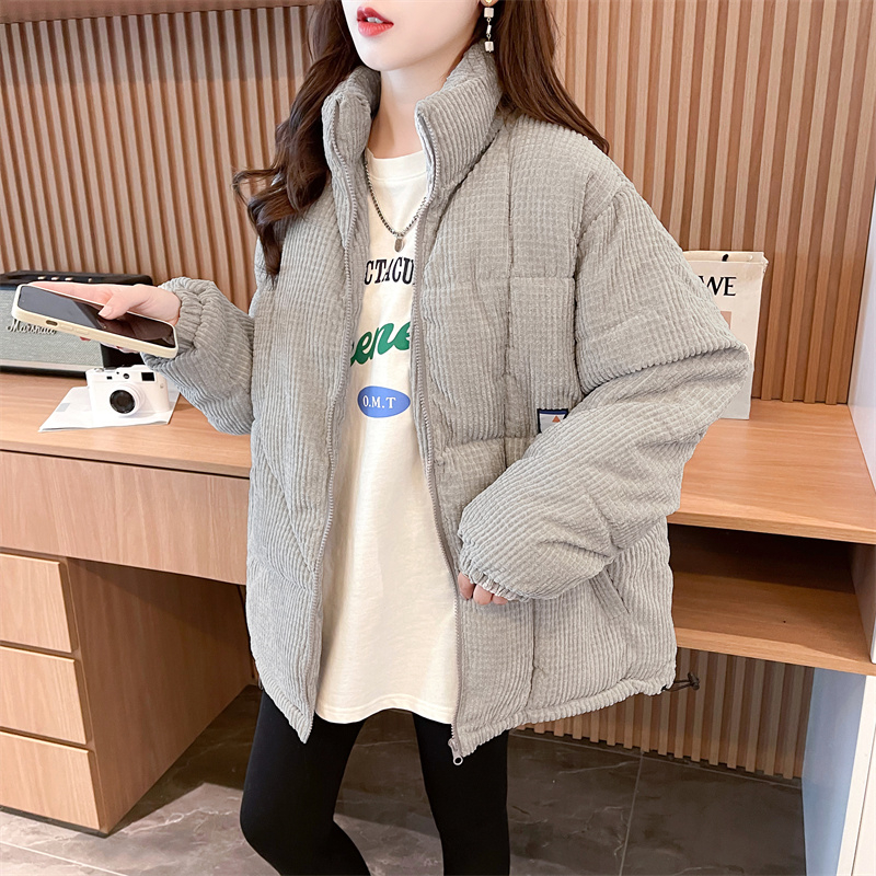 實拍新款燈芯絨羽絨棉服女韓版學院風短款寬鬆ins棉襖麵包服外套