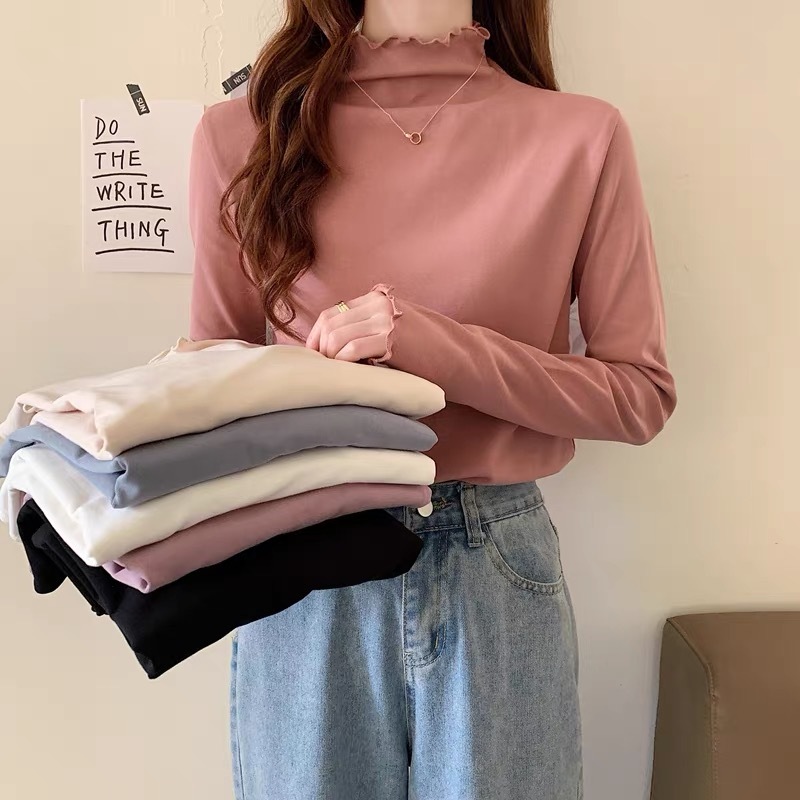 半高領木耳邊打底衫女秋冬內搭洋氣韓版加絨長袖t恤早春上衣
