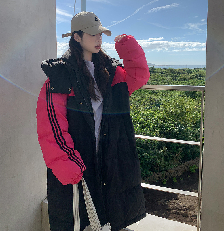 Actual shot of 2023 new mid-length down-padded jackets for men and women, Harajuku-style large-size hooded cotton-padded jackets for couples