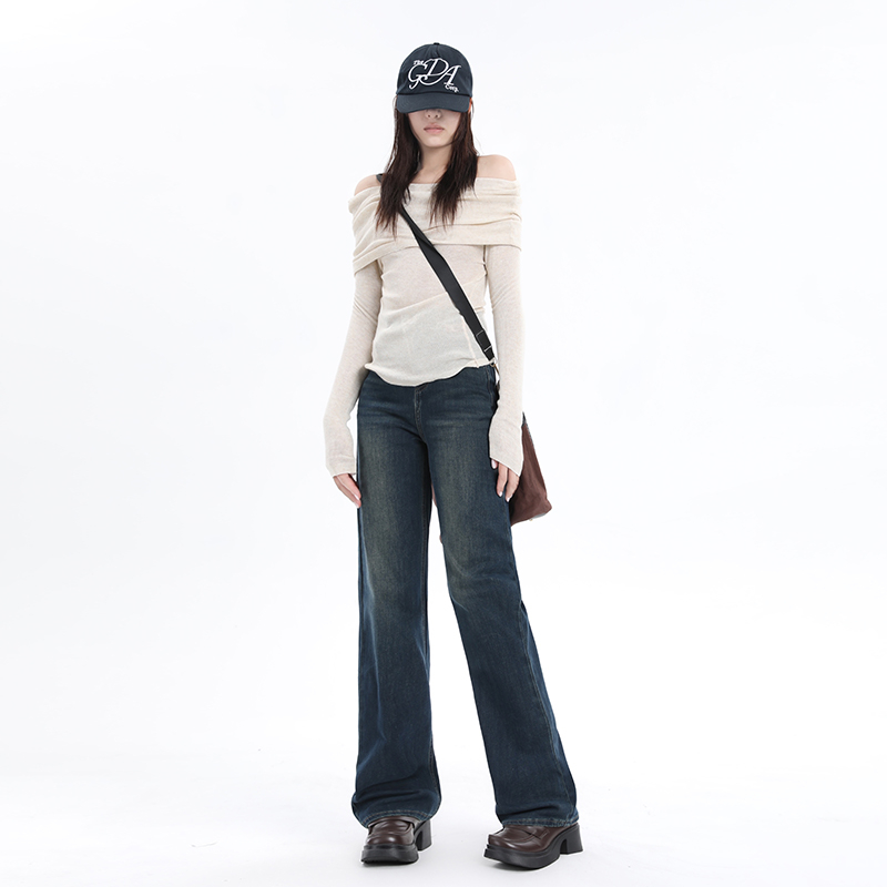 Real shot of straight-leg jeans for women 2023 new autumn and winter high-waist plus velvet slimming wide-leg pants