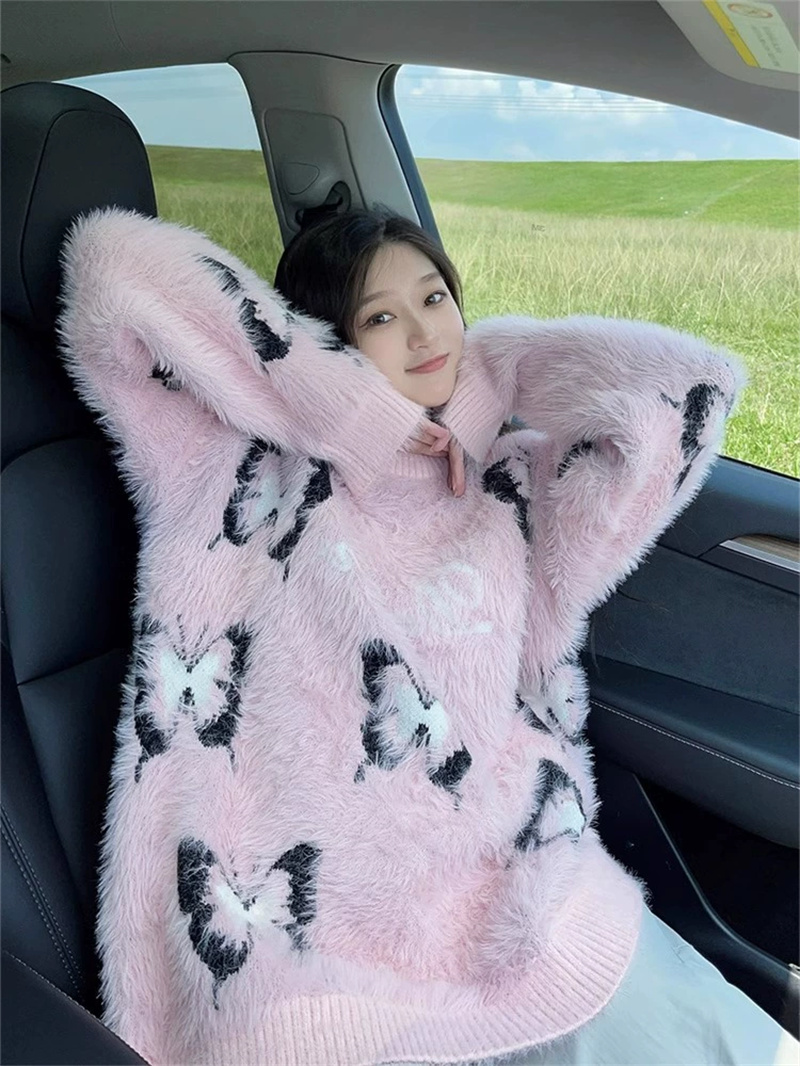 美式慵懶風蝴蝶毛衣秋冬新款設計感小眾圓領軟糯加厚針織衫上衣潮