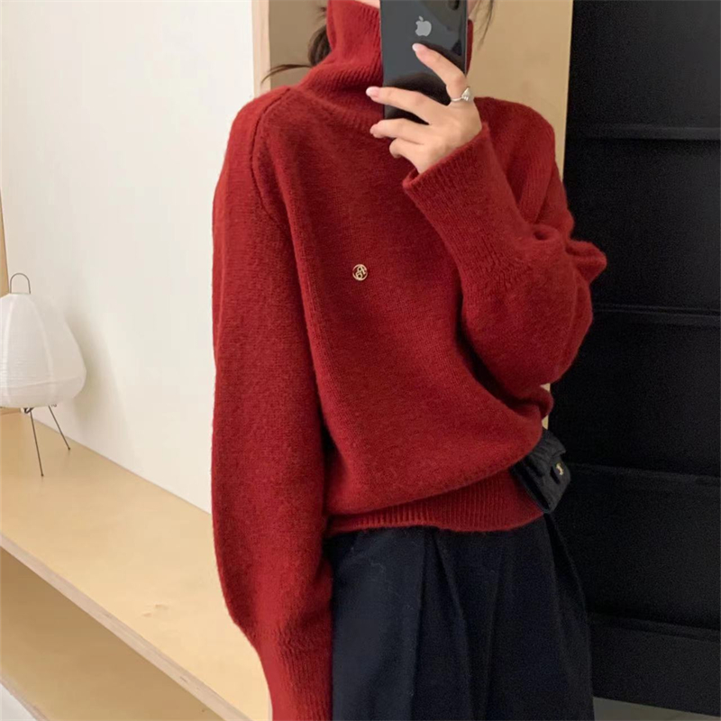 聖誕紅金屬標高領套頭毛衣女秋冬款韓版慵懶洋氣百搭軟糯打底衫