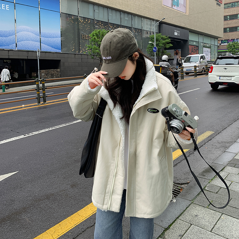 Reversible lamb wool short 2023 new wide cotton coat loose couple Hong Kong style ins design cotton coat jacket