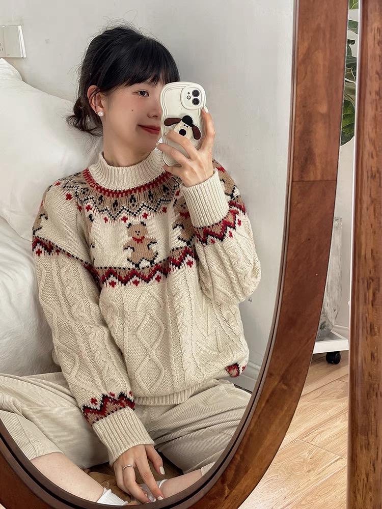古着聖誕毛衣女小熊餅乾提花厚秋冬韓國小眾高級感純毛針織上衣