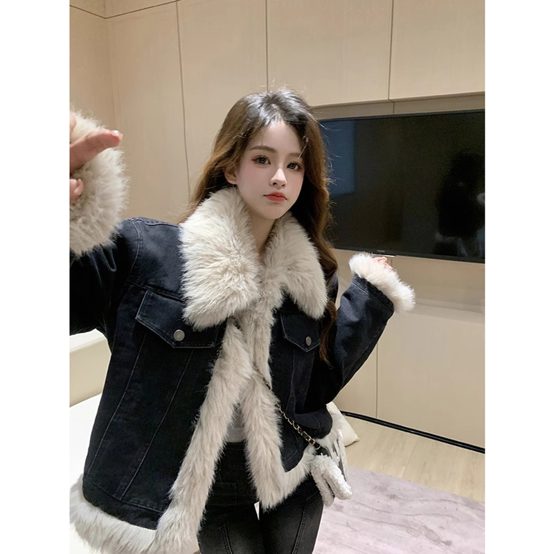 港味設計感毛領拼接撞色牛仔棉衣女冬季羊羔毛高級感短款外套
