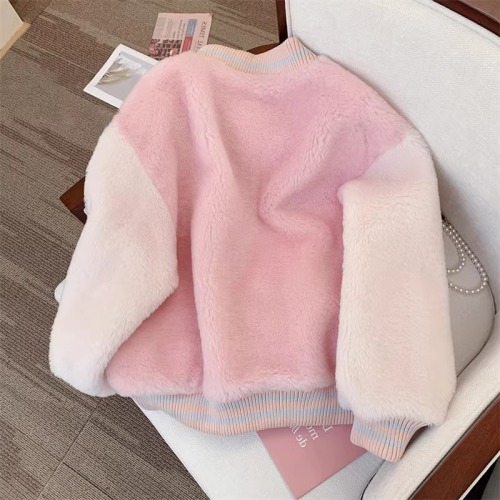 Japanese sweet college style oversize lamb plush contrast coat women's winter high-end Korean style cotton coat bf