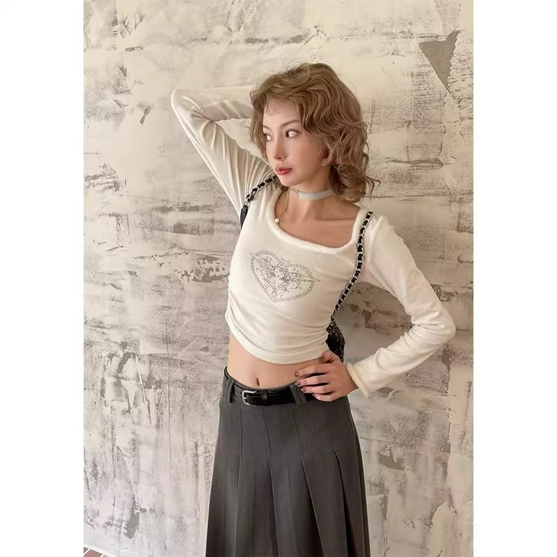 高彈羅紋德絨 法式白色小天使印花長袖T恤女新款甜辣妹