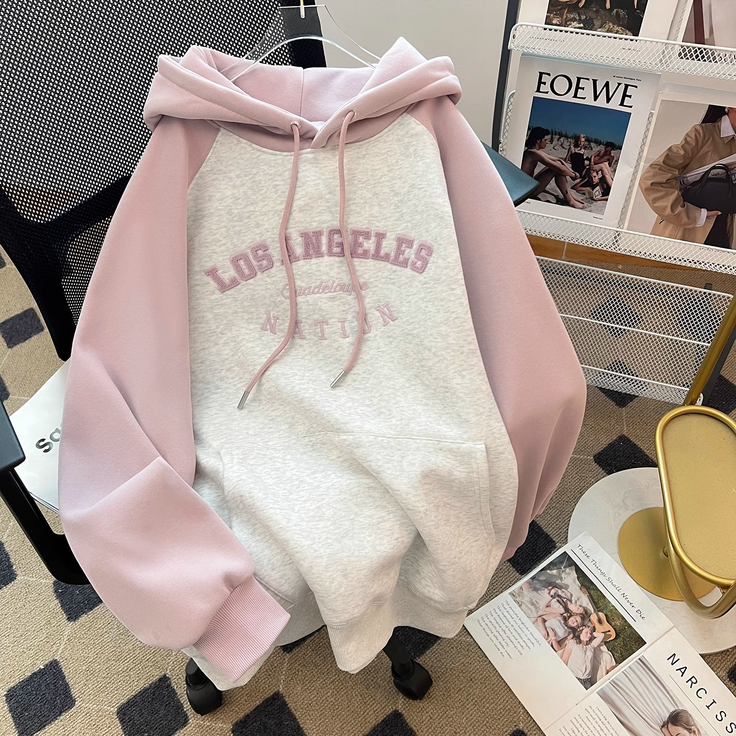 官圖 撞色插肩袖衛衣女連帽秋冬2023新款加絨加厚中長款外套上衣
