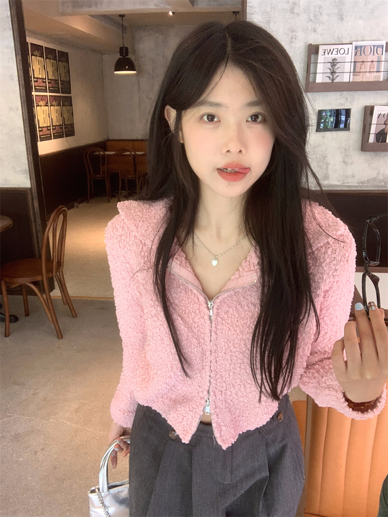 實拍 冬季新款顆粒感POLO領設計感雙拉鏈開衫純色毛衣外套女