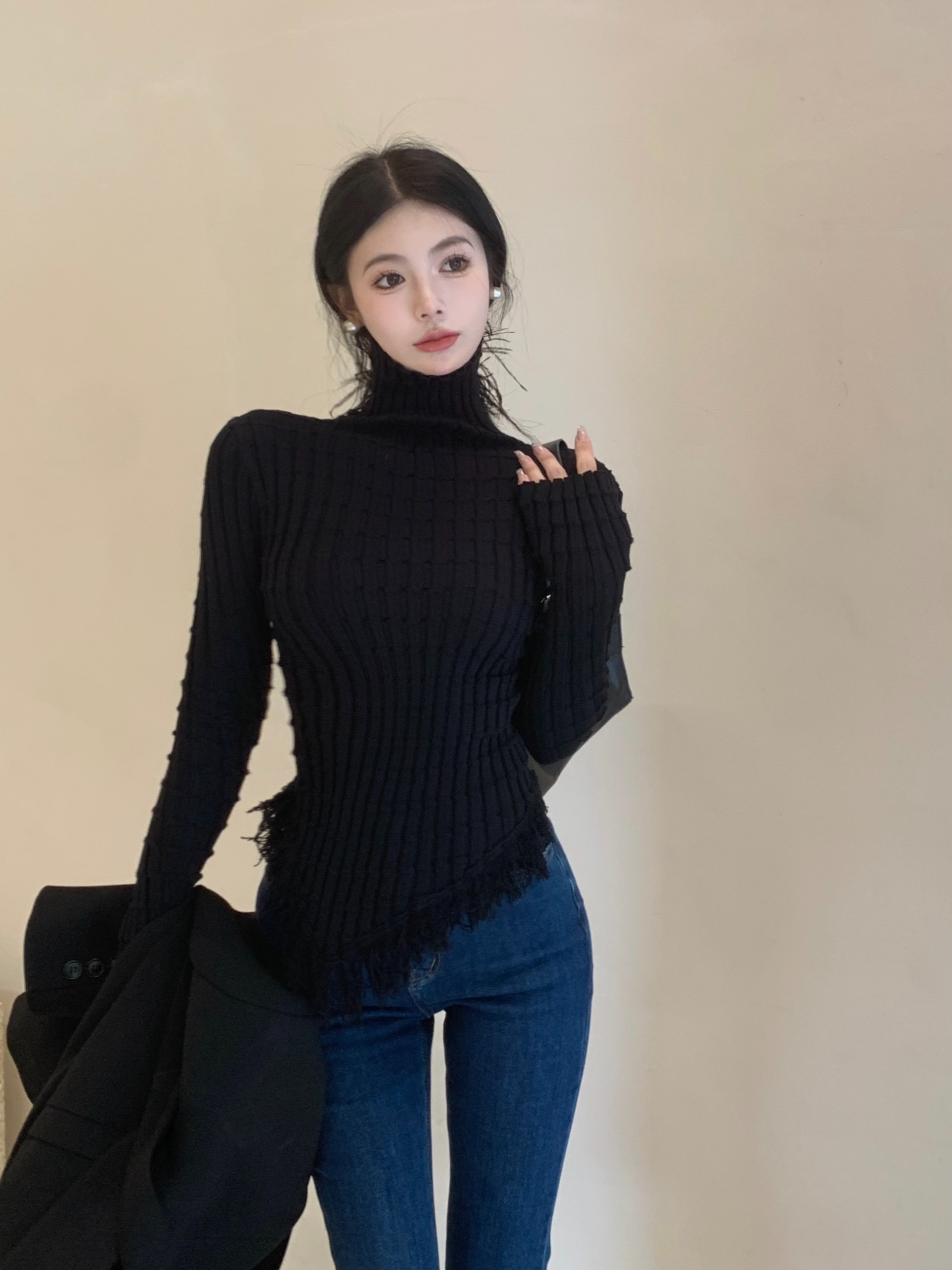 流蘇針織打底衫女秋冬獨特别致設計感小眾內搭高領毛衣高級感上衣