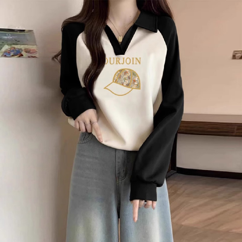 原版做工學院風polo領正肩衛衣女秋冬加絨加厚撞色插肩V領上衣