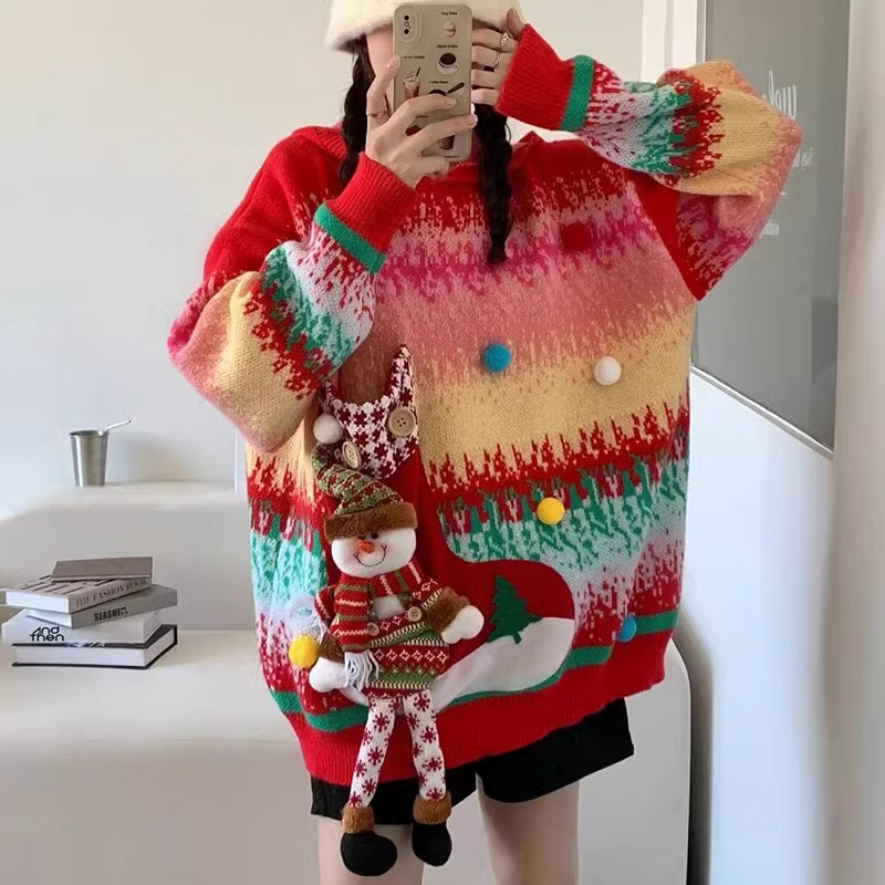 Hooded Sweater Chinese New Year Festive Knitted Sweater Lazy Style Top