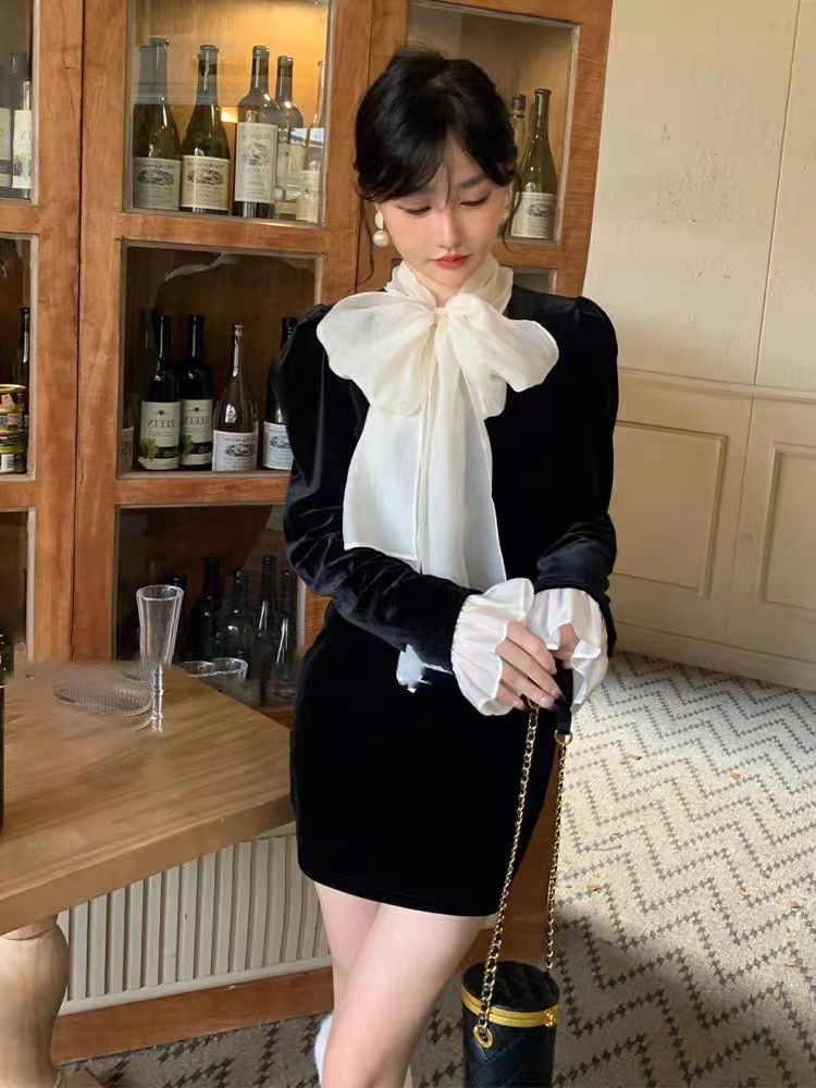 法式赫本風高級感小黑裙蝴蝶結黑色絲絨長袖連衣裙女秋冬2023新款