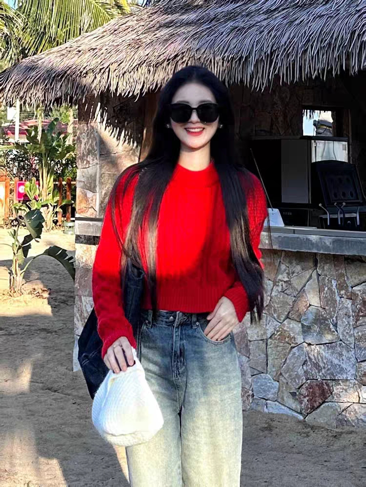 紅色短款麻花毛衣女秋冬季2023新款慵懶風軟糯寬鬆套頭針織衫上衣