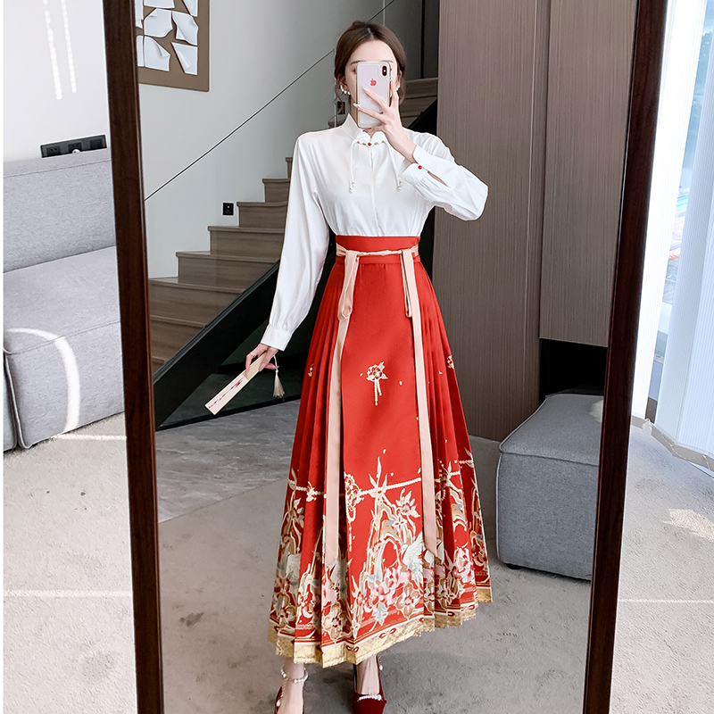 實拍 新中式一片式漢服女仿妝花馬面裙立領盤扣提花白襯衫套裝冬