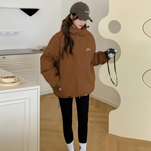 Where is the Orange Tree? Charge Clothespin Cotton Hooded Women's Autumn and Winter Loose Simple Neutral Style Outdoor Cotton Clothes Trendy Jacket