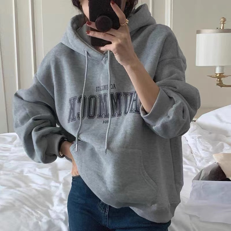 Niche Korean version of lazy style ~ personalized letter printing plus velvet and thickened loose hooded pullover sweatshirt for women