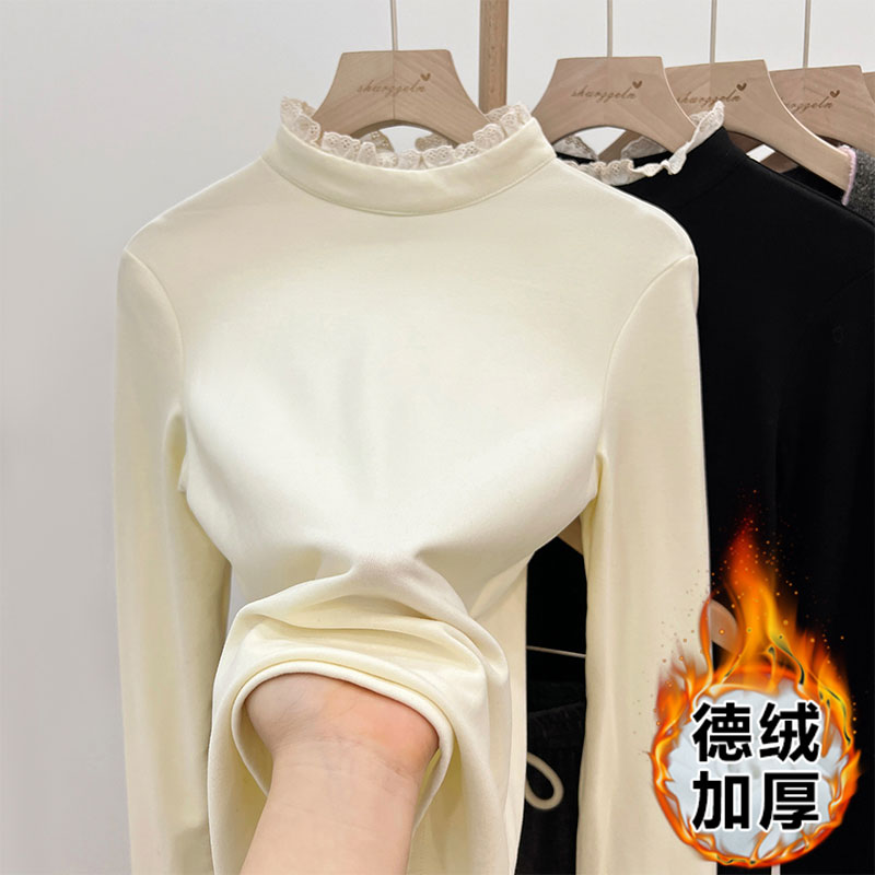 實拍蕾絲花邊拼接德絨打底衫女秋冬加厚保暖正肩氣質法式上衣