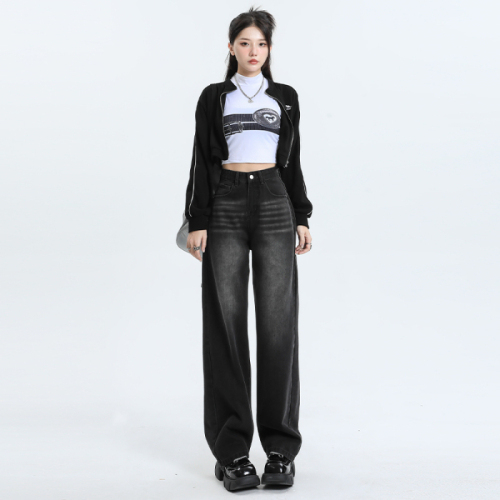 Real shot of autumn and winter high-waisted summer straight jeans for women, high-waisted pants, narrow version, thin wide-leg pants, retro blue