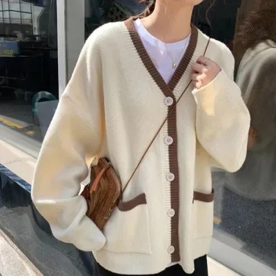 韓版慵懶復古撞色V領毛衣外套女秋冬新款日系寬鬆百搭針織開衫潮