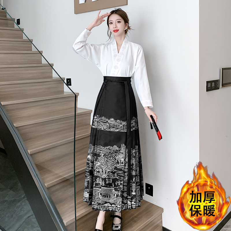 實拍新中式國風漢服馬面裙搭配上衣套裝日常通勤2023冬季加厚保暖