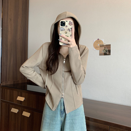 Actual shot of short coat for women, spring and autumn solid color hooded cardigan, slim fit, zippered long-sleeved top