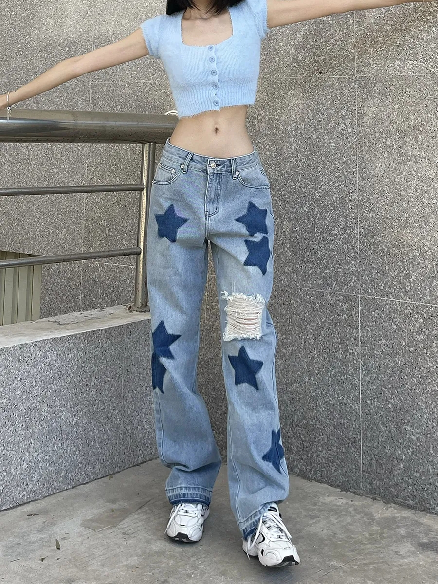 破洞牛仔褲女2023春秋新款高腰五角星印花寬鬆顯瘦直筒闊腿長褲子