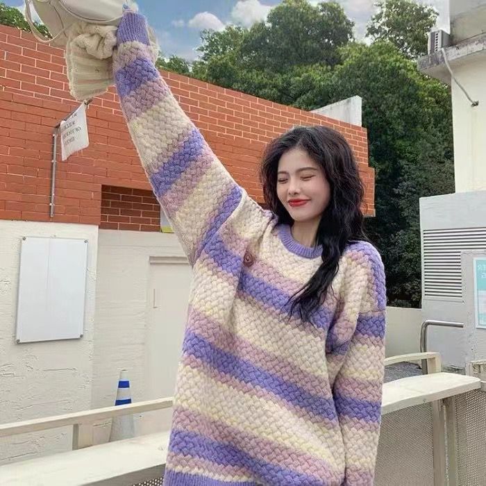日系古着撞色條紋麻花毛衣女秋冬寬鬆外穿加厚針織衫慵懶風上衣潮