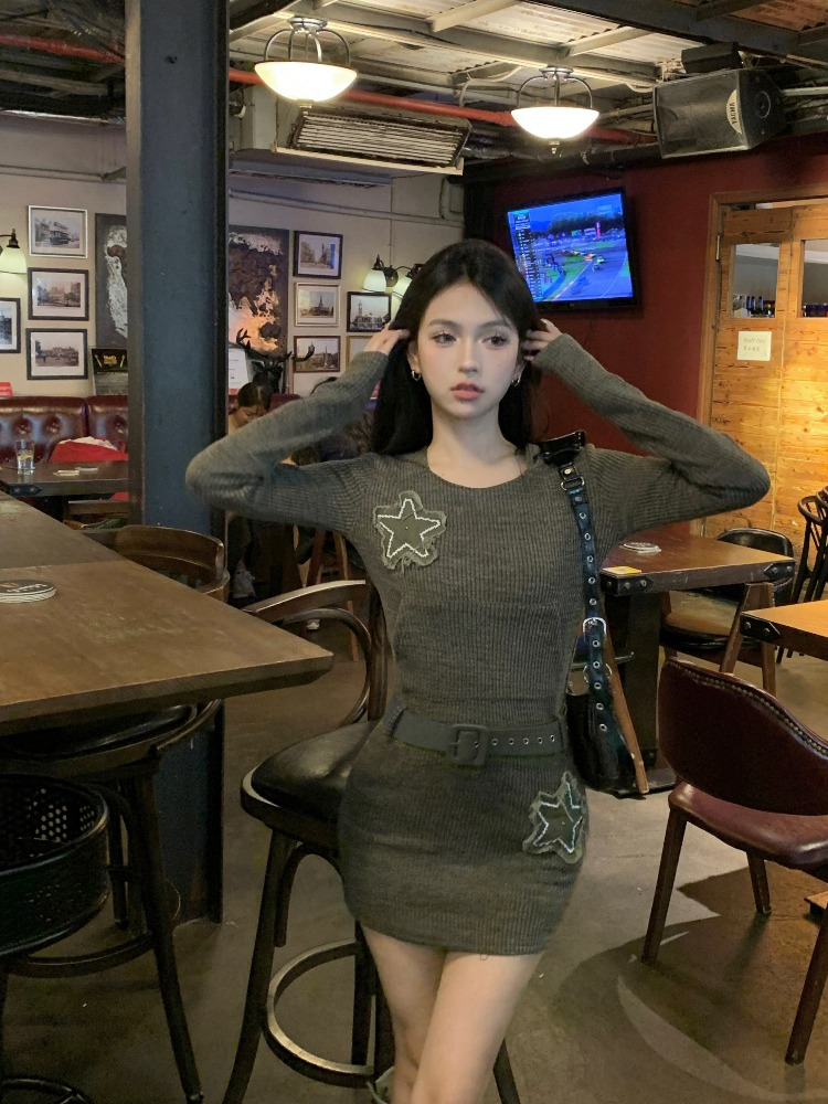 原版面料 美式復古長袖連帽連衣裙女秋星星裙子辣妹性感包臀短裙