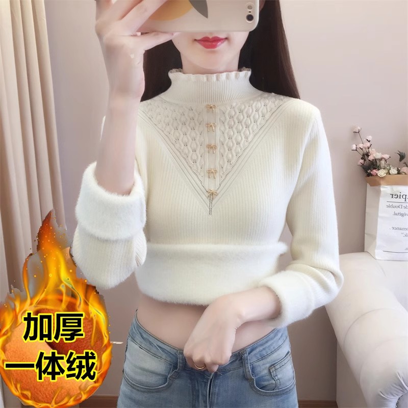 加絨加厚一體絨毛衣女內搭大碼半高領套頭打底衫洋氣保暖上衣