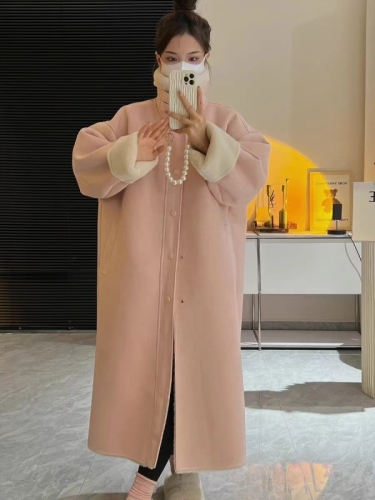 Winter loose thickened long motorcycle jacket lamb wool one-piece fur eco-friendly coat for women
